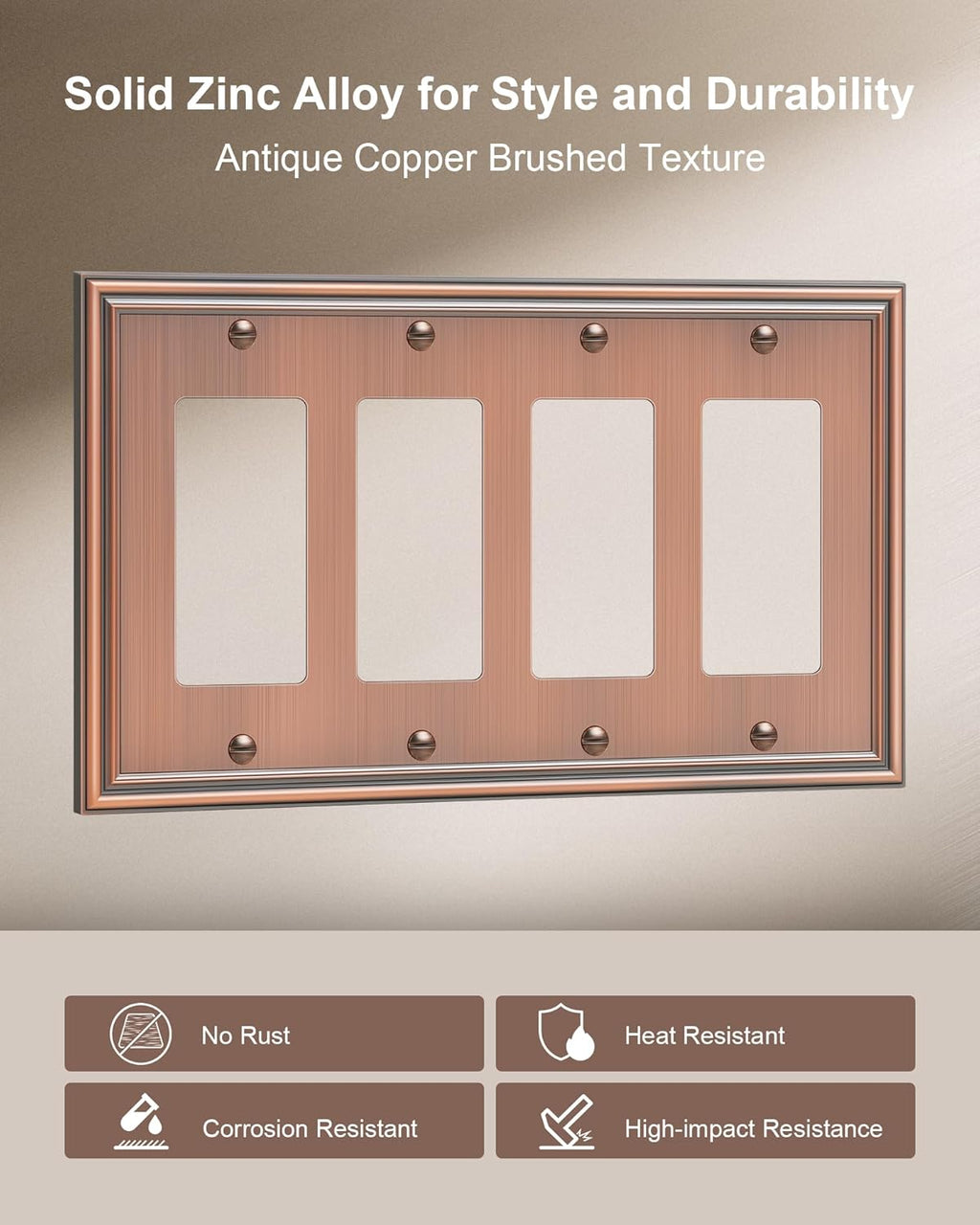 2-Pack Quad Decorator Outlet Cover Plate, Zinc Alloy Antique Copper Switch Plates and Outlet Covers, 4 Gang Wall Plates for Electrical Outlets, Receptacle, GFCI Outlet, Dimmer Switch