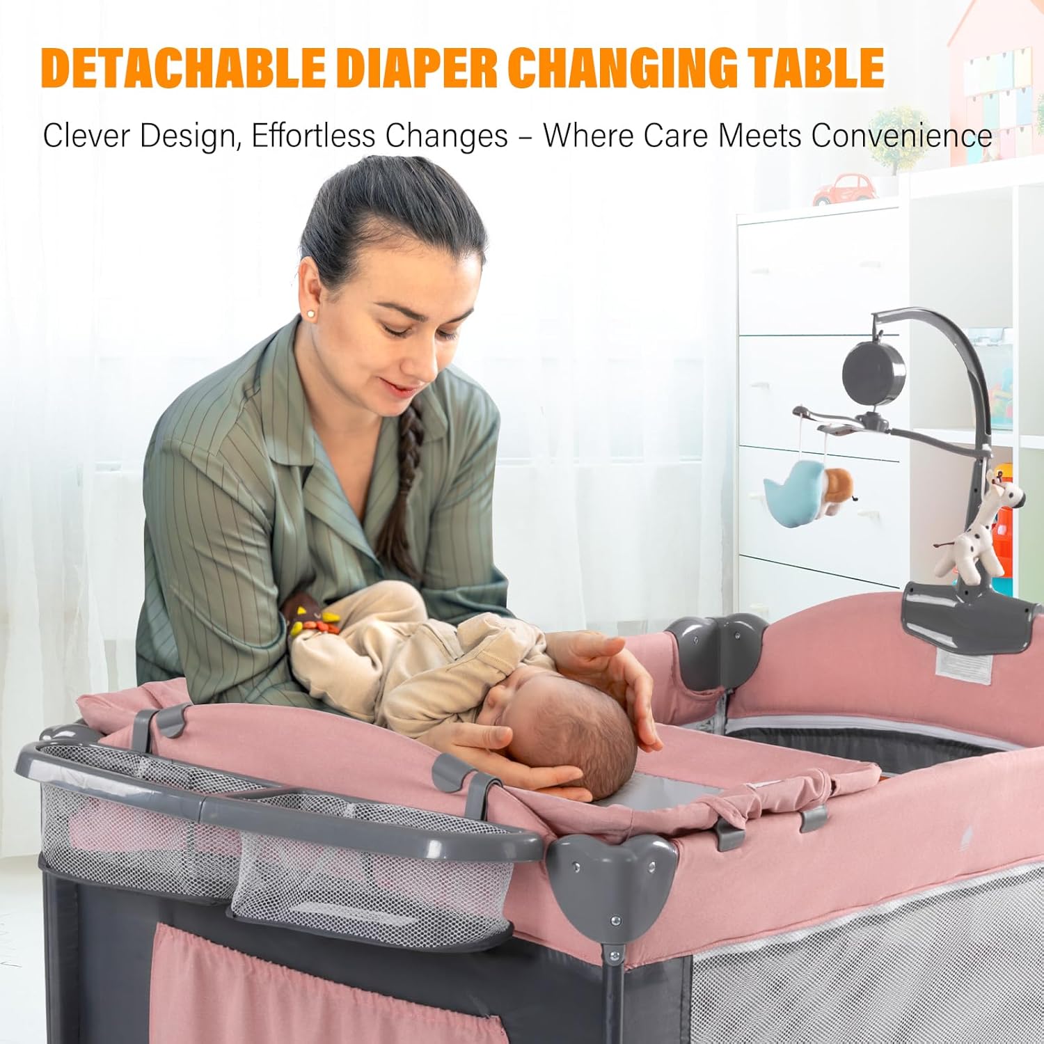 5 in 1 Baby Crib,Baby Bassinet, Bedside Cribs, Pack and Play with Changing Table, Portable Travel bedToys & Music Box,Mattress for Girl Boy Infant Newborn (Pink)