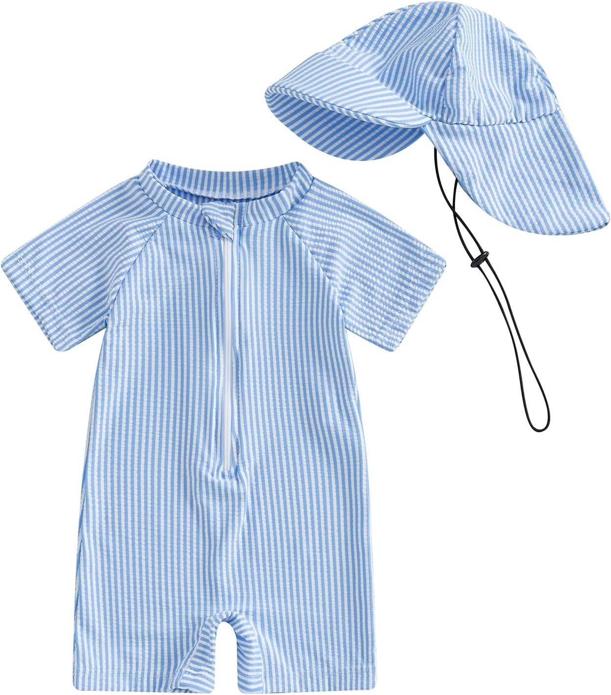 Toddler Baby Boys Seersucker Short Sleeve One Piece Rash Guard Swimsuit Zipper Bathing Suit Swimwear with Hat