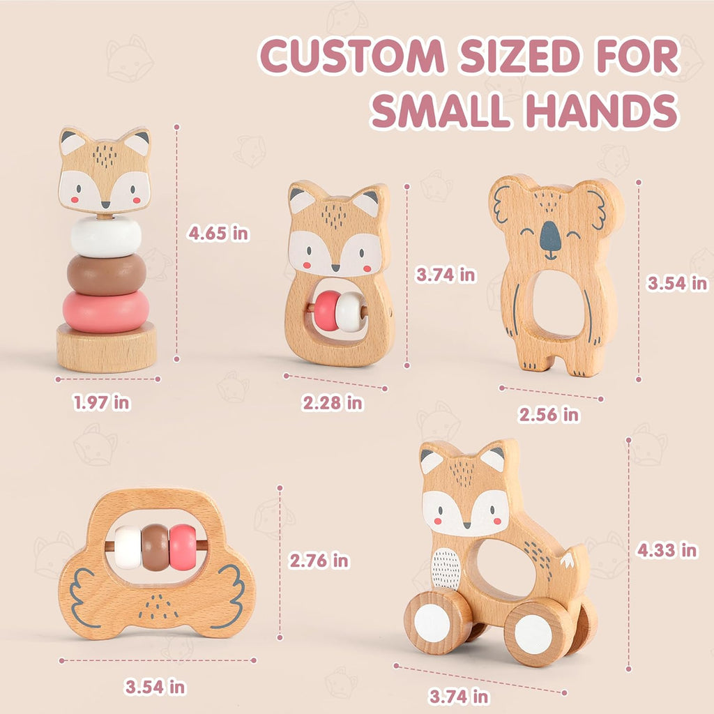 Freniland Wooden Montessori Toys, 5-Piece Wooden Baby Toys, Koala Wooden Baby Rattle, Fox Stacking Ring Baby Toys, Little Fox Wooden Baby Push and Pull Toys,Newborn Baby Gift Sets for Boys and Girls