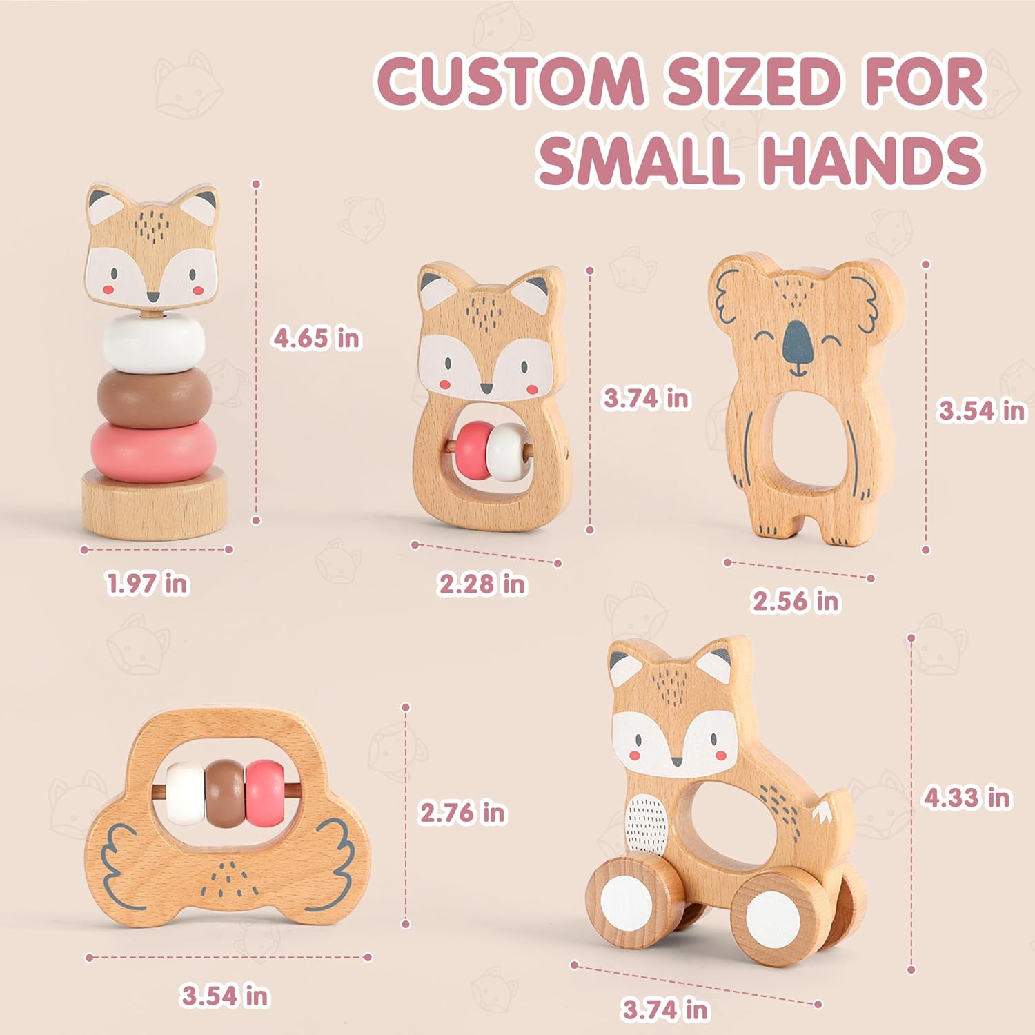 Freniland Wooden Montessori Toys, 5-Piece Wooden Baby Toys, Koala Wooden Baby Rattle, Fox Stacking Ring Baby Toys, Little Fox Wooden Baby Push and Pull Toys,Newborn Baby Gift Sets for Boys and Girls
