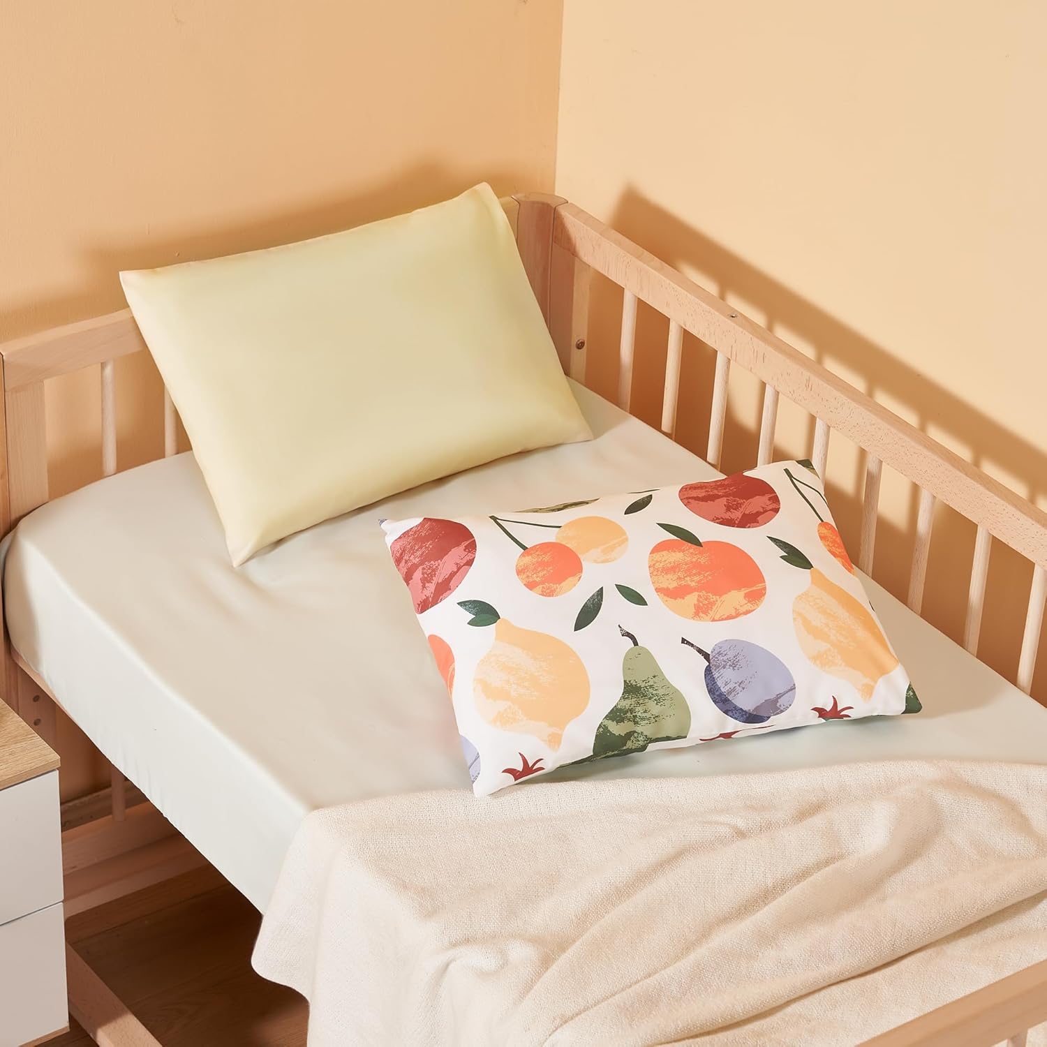 TILLYOU Toddler Pillowcases 13 x 18 Travel Pillow Case 2 Pack, Kids Pillowcases Machine Washable with Envelope Closure, Fruit Shadow & Orangish