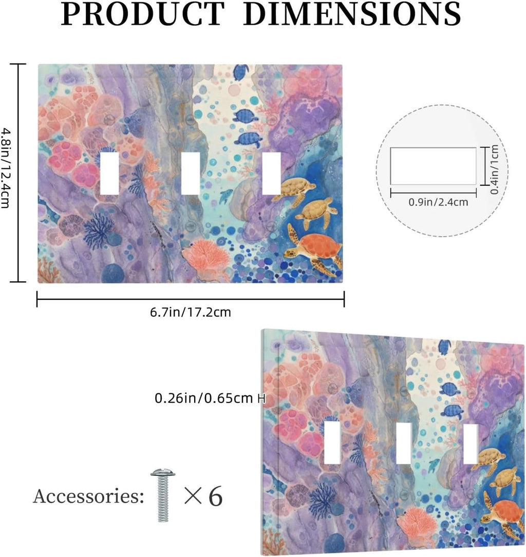 Turtle Coral Fish Watercolor Colorful Underwater World Decorative Switch Plates 3 Gang Wall Plate Triple Toggle Light Switch Cover Faceplate Electrical Wall Panels for Kids Room Home Decor
