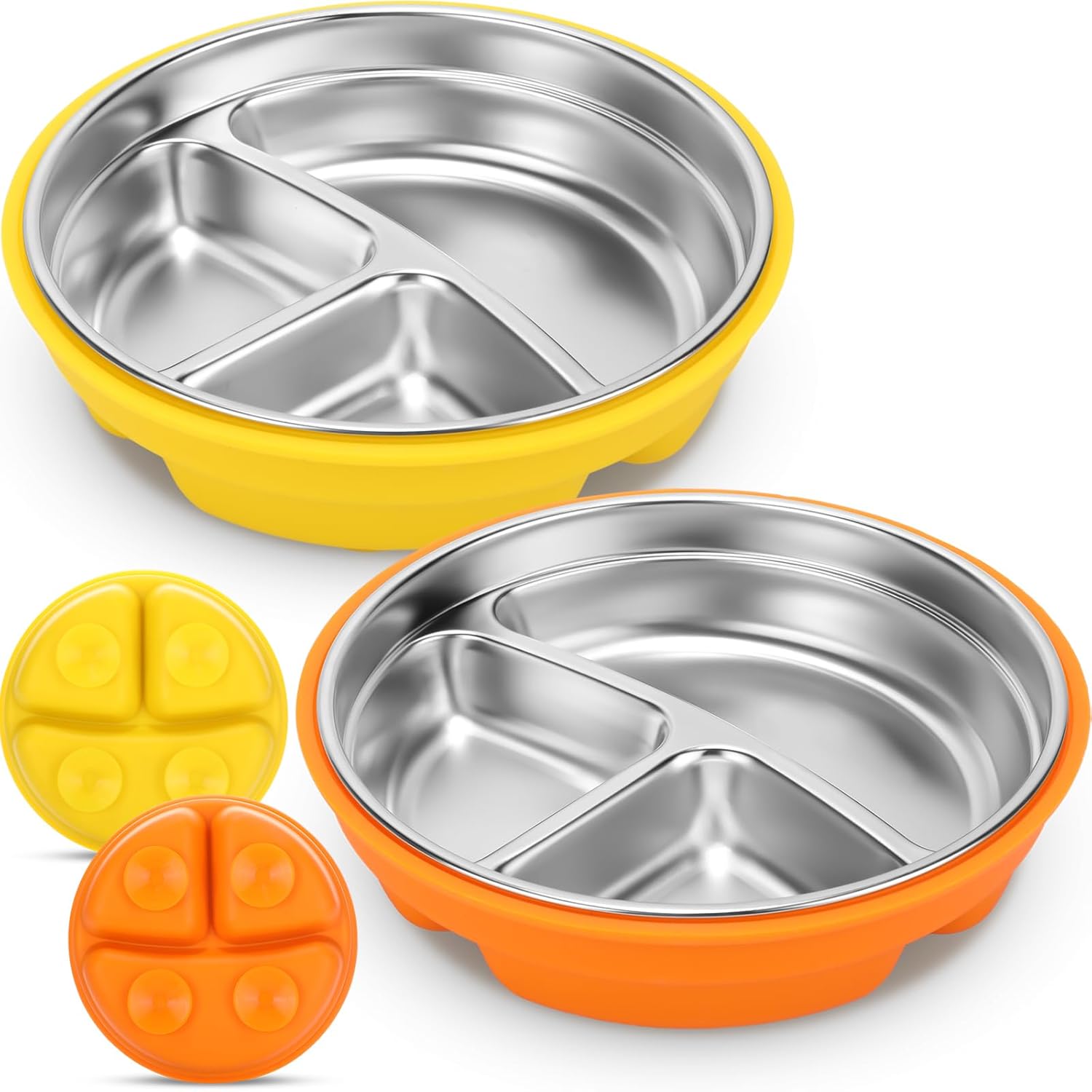 Nuogo 2 Pcs Stainless Steel Baby Suction Plates with Removable Silicone Shell 2-in-1 Metal Toddler Bowl Divided for Picky Eaters Kids Feeding Led Weaning Supplies, Dishwasher Safe (Yellow,Orange)