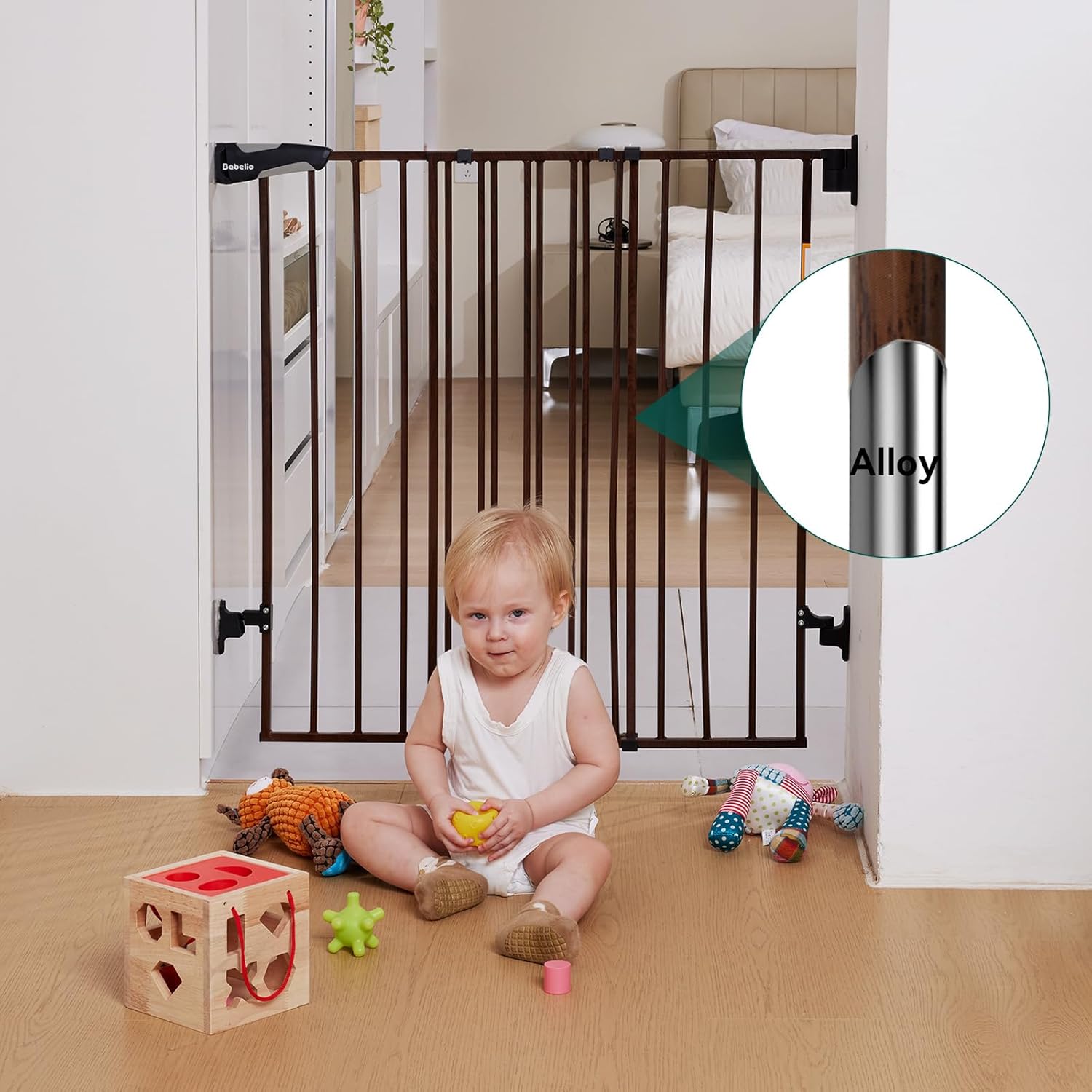 Babelio 34" Extra Tall Baby/Dog Gate with No Threshold Design Walk Thru Door, 26-43" Auto Close Safety Gate for Babies, Elders and Pets, Fits Doorways, Stairs, and Entryways, Black Wood Pattern