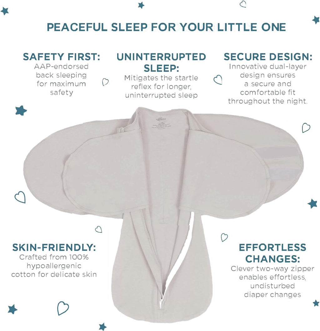 LullaBaby "Double Dream Swaddle: Exclusive Dual Wing Design, Pediatrician-Endorsed, Ultra-Soft Cotton, 0-2 Months, 6-14 lbs - White Sand