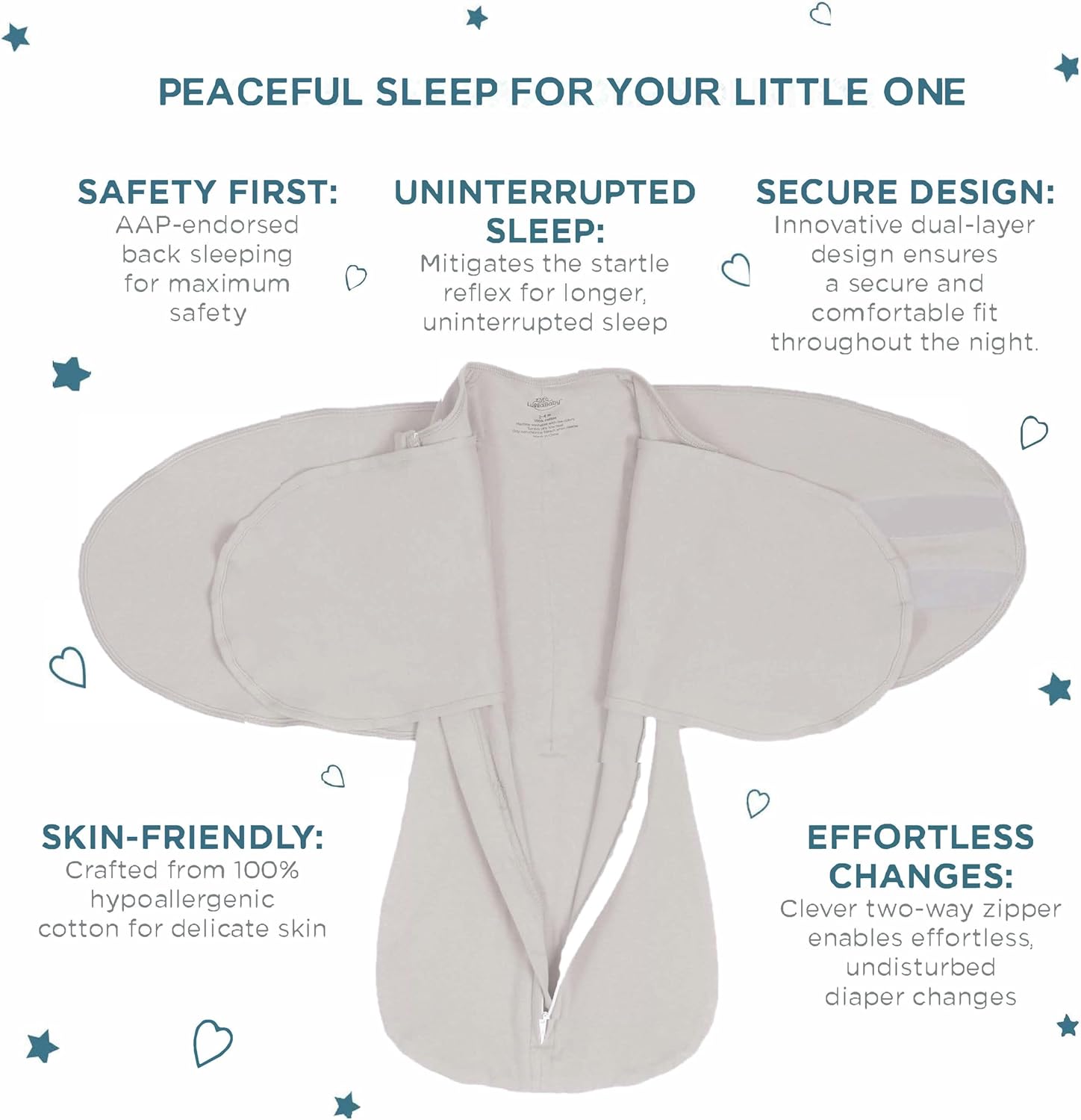 LullaBaby "Double Dream Swaddle: Exclusive Dual Wing Design, Pediatrician-Endorsed, Ultra-Soft Cotton, 2-4 Months, 12-20 lbs - White Sand