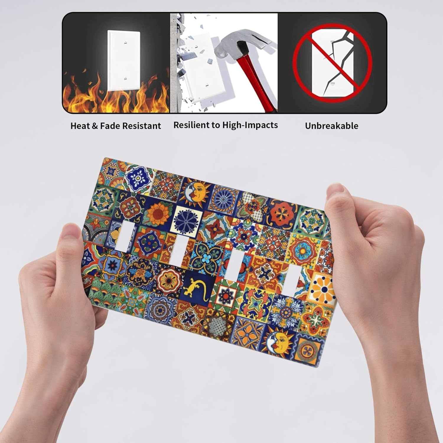 Talavera Mexican Tiles Traditional Color Decoration Print Light Switch Covers Quad Toggle Electrical Faceplate 4 Gang Wall Plate Decorative Switch Plates for Kitchen Bathroom Decor