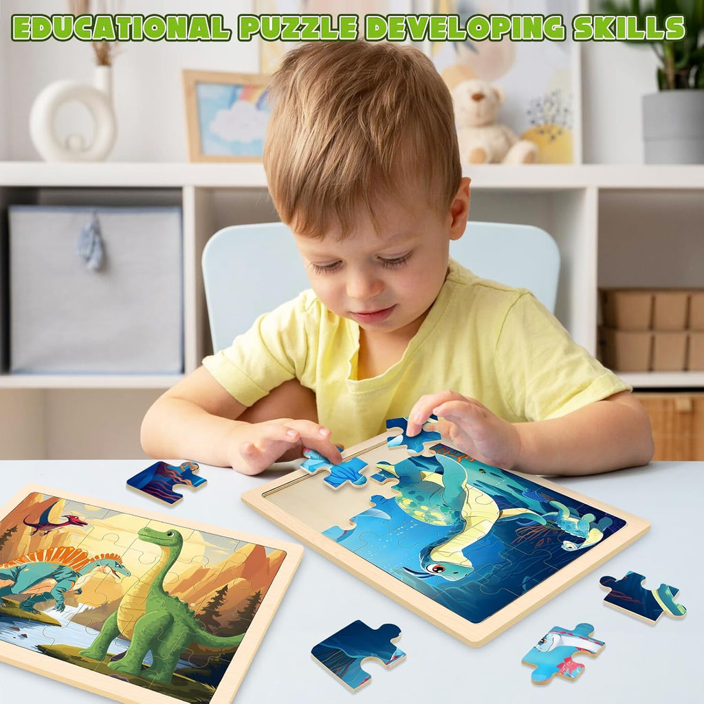 Wooden Dinosaurs Puzzles for Kids Age 3 4 5 Year Old, 4 Pack 24 Pcs Montessori Toddler Jigsaw Puzzles for Girl boy Activities Preschool Learning Educational Birthday Gift Travel Autistic Wooden Toys