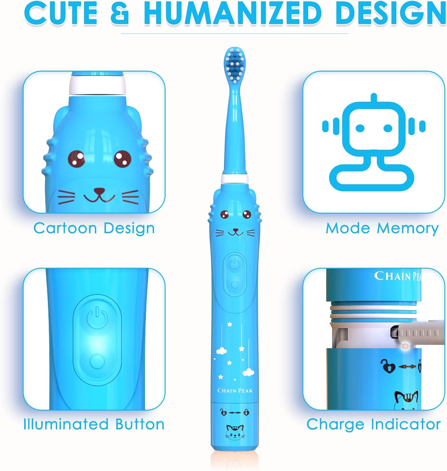 Kids Sonic Electric Toothbrush, Rechargeable Smart Toothbrush for Children Toothbrush for Toddlers Boys Girls Age 3-12 with 30s Reminder, 2 Mins Timer, 6 Modes, 6 Brush Heads, Wall-Mounted Holder