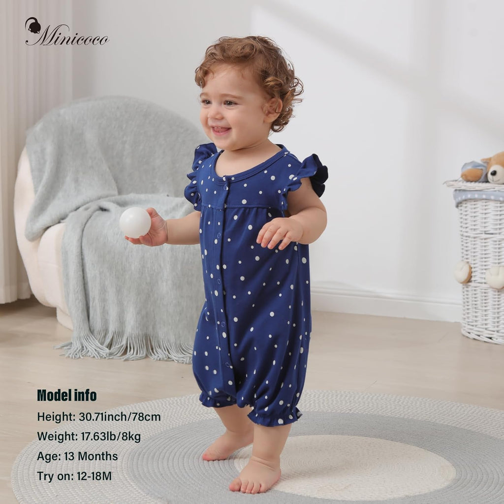 3-pack 100% Cotton Baby Girl Rompers, 0-24 months Ruffle Sleeve Toddler Romper Summer Clothes Set