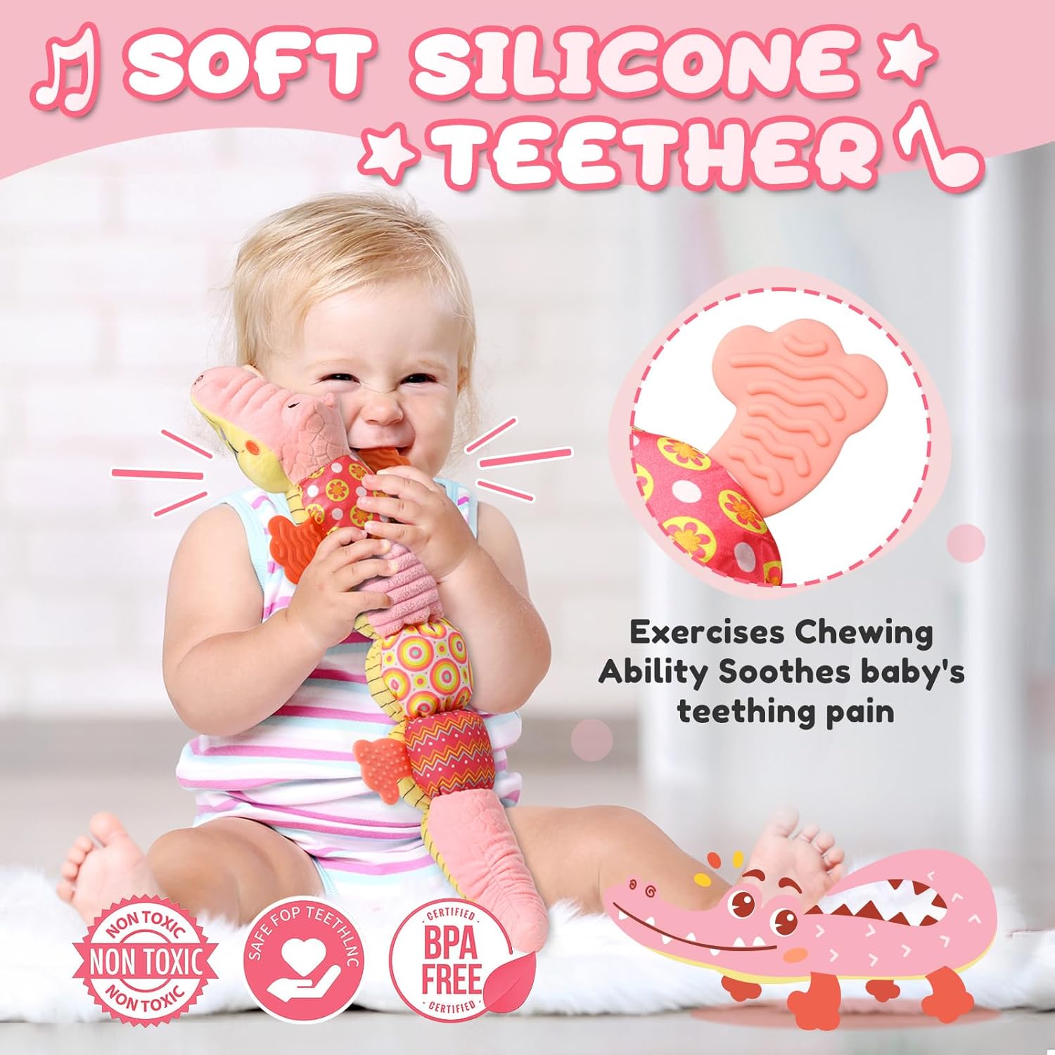 Baby Toys 0 to 12 Months, Musical Stuffed Animal Activity Soft Toys with Multi-Sensory Crinkle, Rattle and Textures,Infant Tummy Time Toys for Newborn Boys Girls, Crocodile, Pink