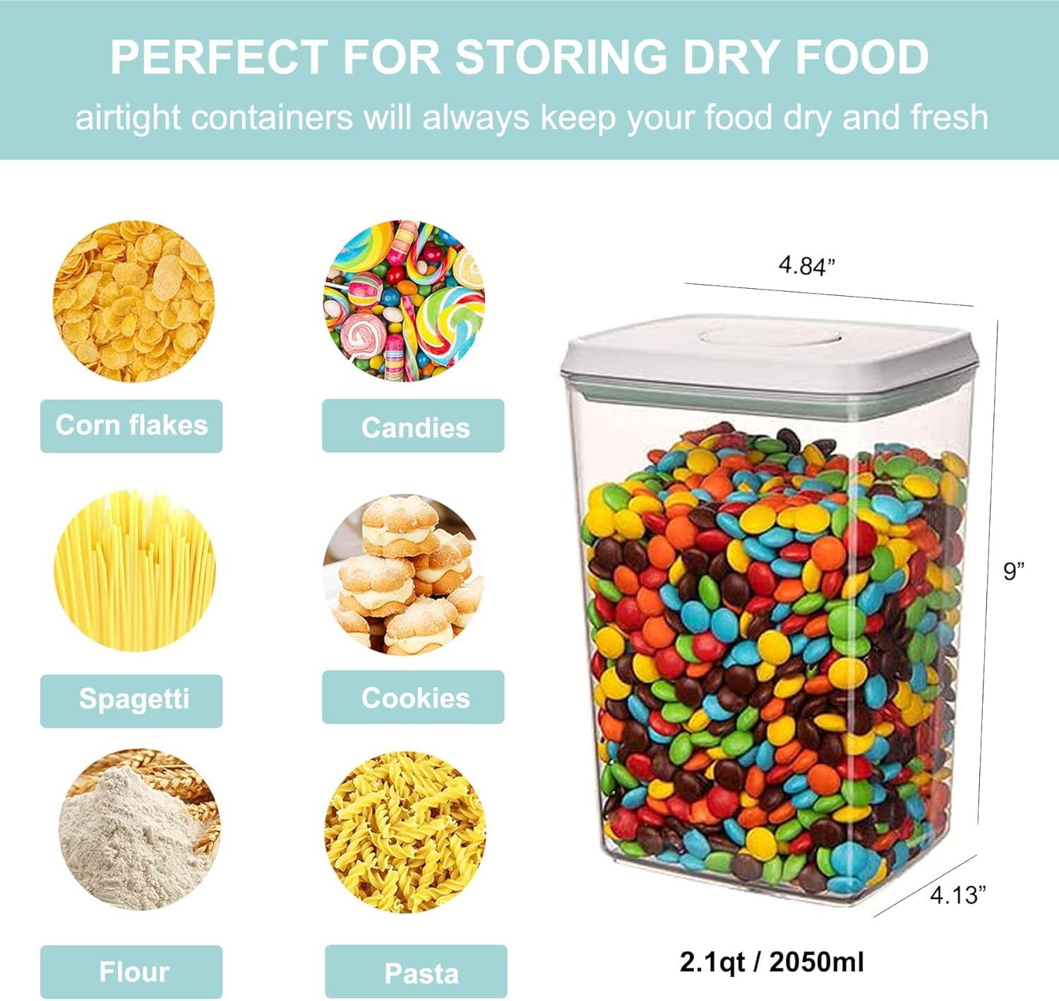 Airtight Food Storage Container - 2.1qt / 2050ml Rectangle Pop Containers With Lids, Bpa Free for Spaghetti Cereal Flour Rice Kitchen Organizer