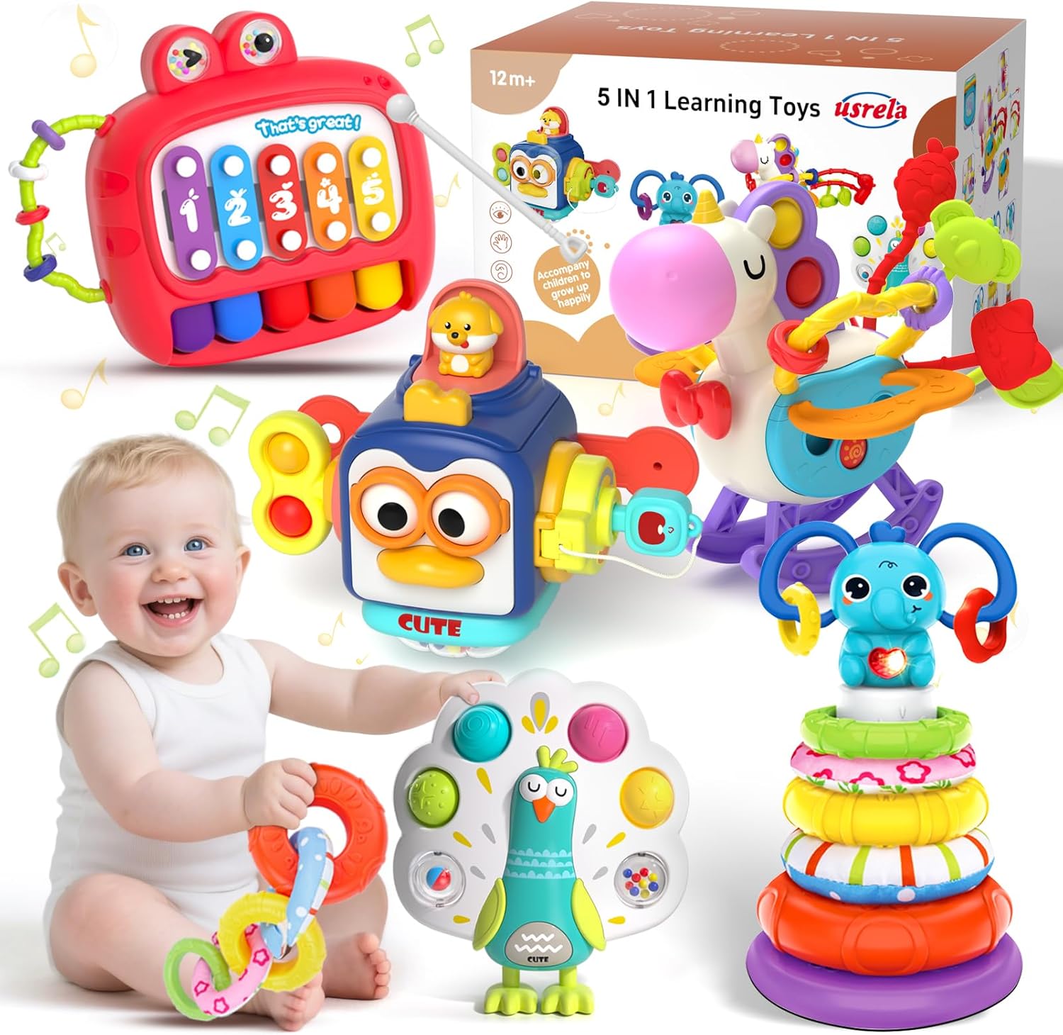 5 in 1 Baby Toy for 12 18 Month, Learning Toys for Babies 12-18 Months, Baby Busy Cube, Stacking&Sensory, Pull String&Piano Xylophone Toy, Birthday Gift for 12+ Month