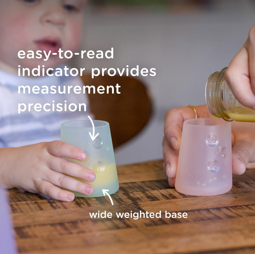 Olababy First Cup | Clear Sense 100% Silicone Infant Trainer Cup | 2oz Medicine Cup for Newborn | Non-Slip & Sloping Design for Tiny Hands & Baby Led Weaning (Lemon/Kiwi, 2 Cups)
