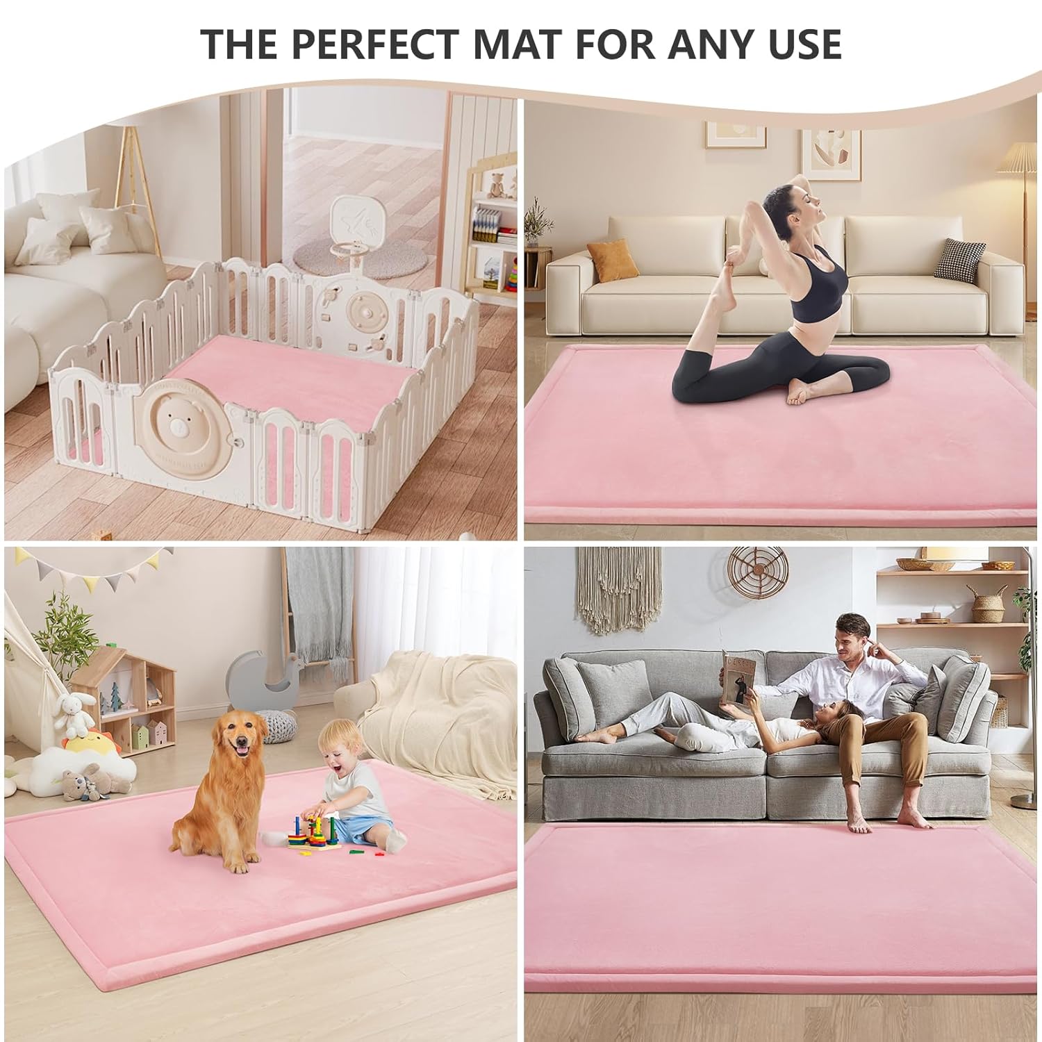 Baby Play Mat for Floor,1.3" Thick Memory Foam Tummy Time Mat,Soft Coral Velvet Nursery Rug,Extra Large Non Slip Crawling Mat for Toddlers,Infants,Kids,Yoga Mat,Tatami Mat for Living Room(Pink)