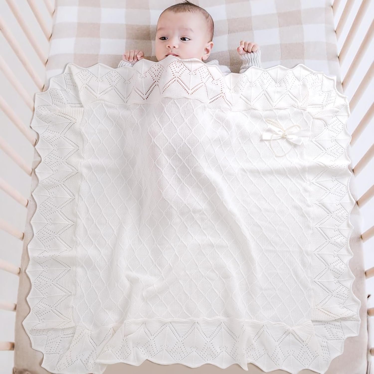 Booulfi Knit White Baby Blankets Neutral,Crib Stroller Newborn Blankets for Boys Girls,Cotton Lace Crochet Winter Blanket Nursery Blanket New Baby Essentials, 38X39