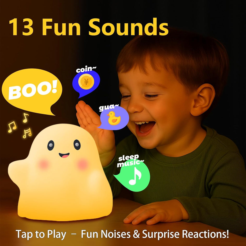 Halloween Cute Ghost Night Light for Kids-Touch+Squishy Silicone+2700k Eye-Safe LED+Fun Sounds,30-Min Timer,Dimmable,Nursery/Bedside/Bedroom Light - Gift for Boys&Girls&Baby&Toddler Cut Ghost Light