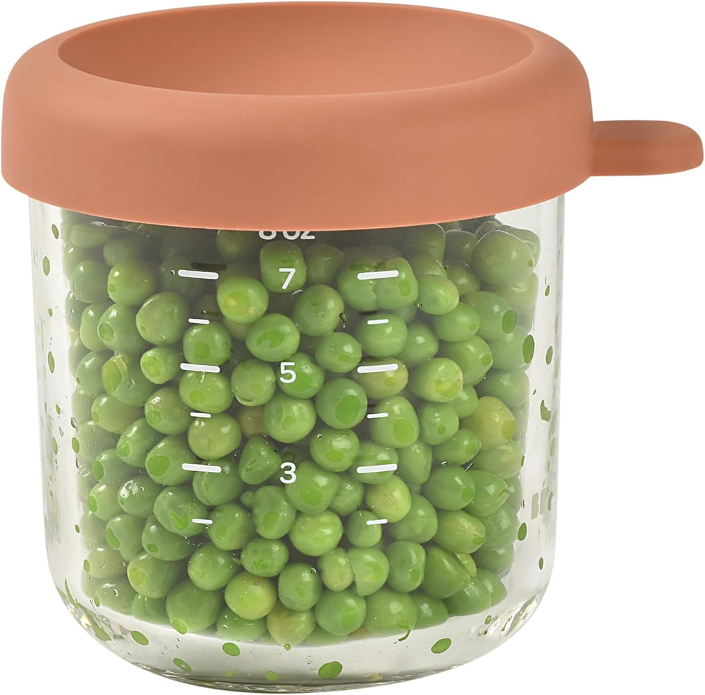 BEABA 8 oz Glass Baby Food Jars with Soft Silicone Air Tight Lids, Glass Storage Containers with Lids, Microwave and Freezer Safe Containers, Terracotta
