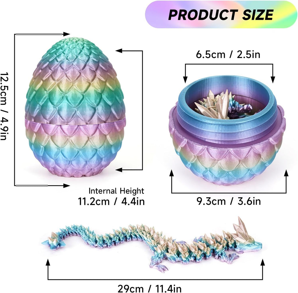 3D Printed Dragon Egg,Dragon Eggs with Dragon Inside,Crystal Dragon Fidget Toys,Full Articulated Dragon in Egg, Adults Fidget Toys for Autism ADHD (Random Rainbow Dragon Egg)