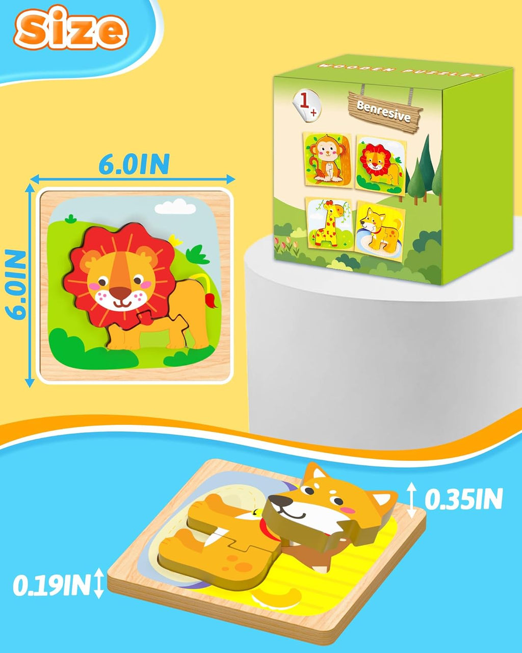 Benresive Wooden Toddler Puzzles, 4pcs Animal Montessori Toys for 1-3 Year Old Boys & Girls, Learning Educational Preschool Toys, Great Gifts for 1 2 3 Year Olds