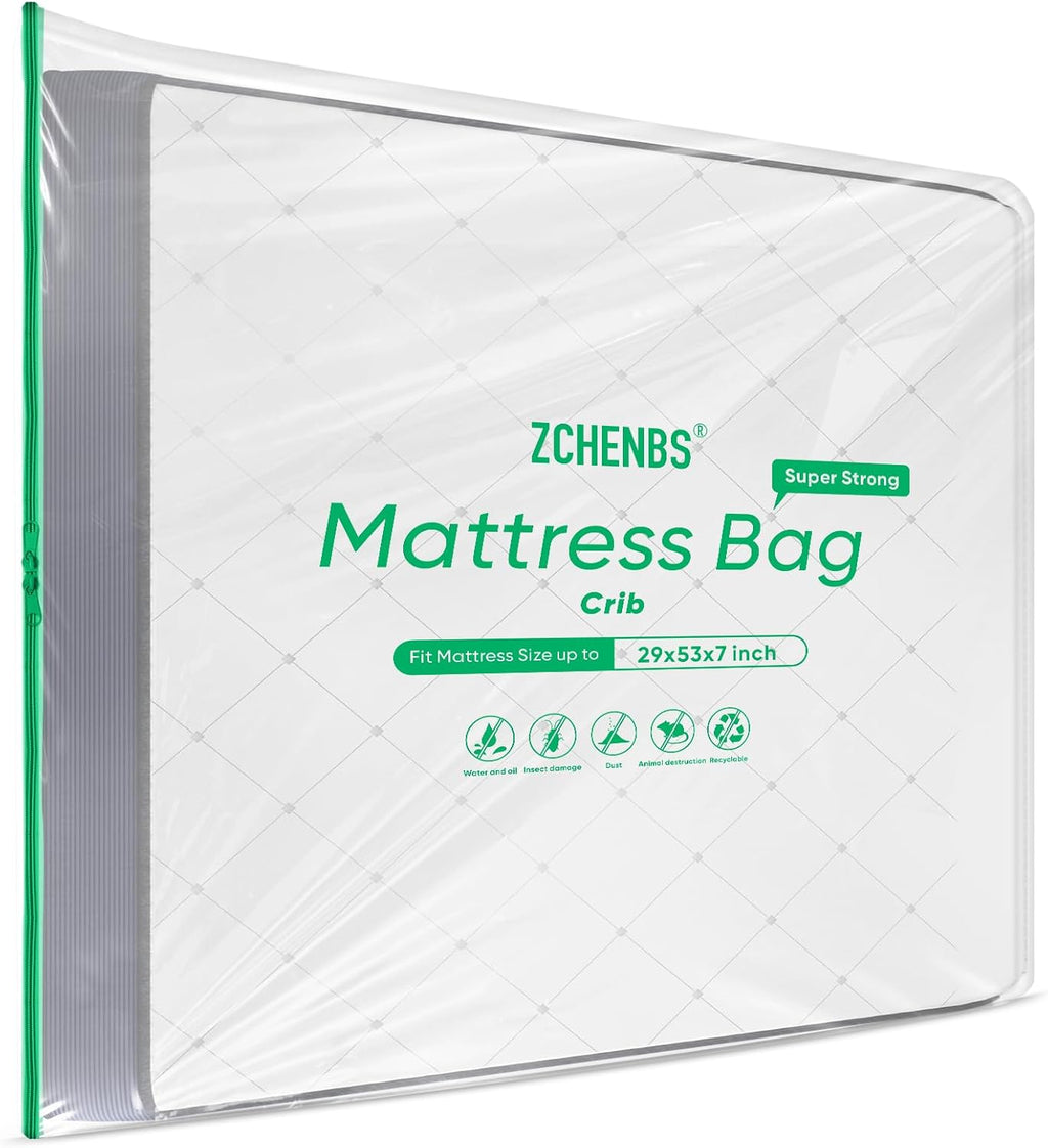 ZCHENBS® – Mattress Bags for Moving and Storage,Mattress Bag with Zippers,5 Mil Ultra-Thick Bed Bag,Waterproof,Anti-Tear,Heavy-Duty Mattress bag (Tansparent/Green, Crib-(1 Pack))