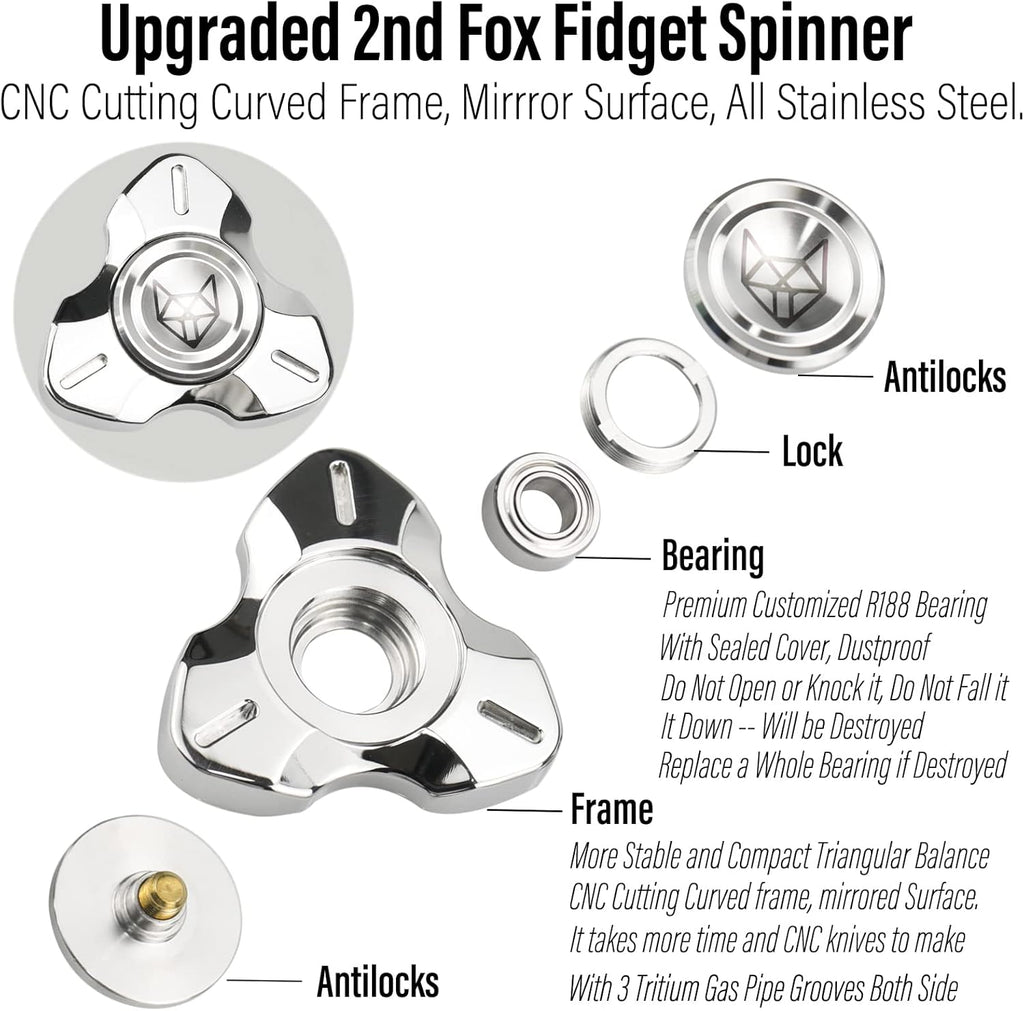 FREELOVE Metal Fidget Spinner, Stainless Steel Heavy, Long Spinning Toys, Cool Silent, Small Mini 2nd Fox Figette Spiner for Adults Men Anxiety, Quiet Bearing, Silver