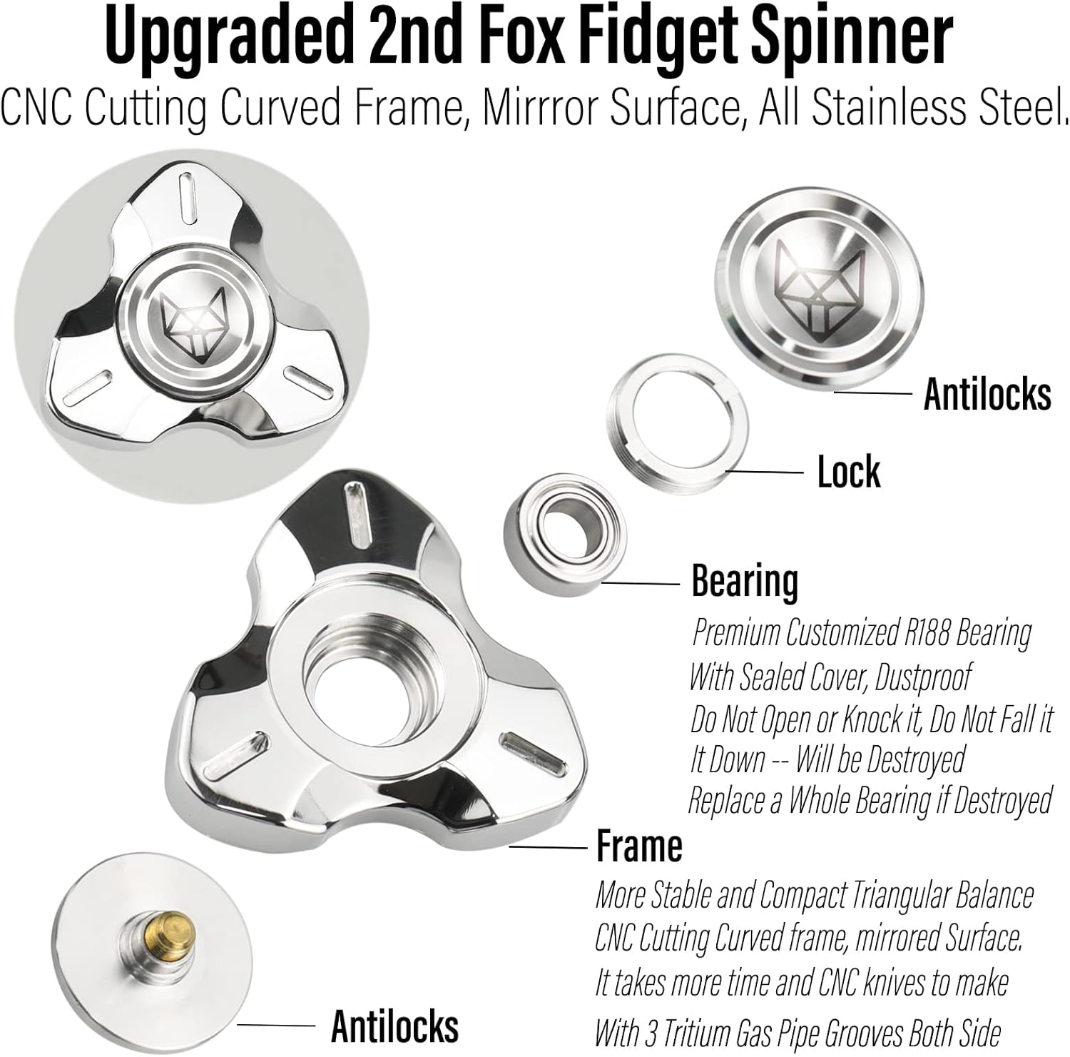 FREELOVE Metal Fidget Spinner, Stainless Steel Heavy, Long Spinning Toys, Cool Silent, Small Mini 2nd Fox Figette Spiner for Adults Men Anxiety, Quiet Bearing, Silver