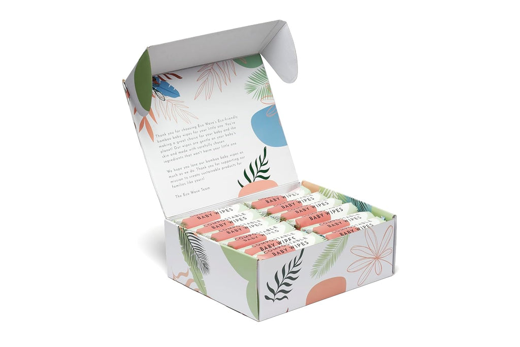 Eco Wave Baby Wipes, 100% Compostable Eco-Friendly Bamboo Wipes, Unscented, Hypoallergenic, Vegan, Alcohol-Free, Suitable For Sensitive Skin (Pack of 12)