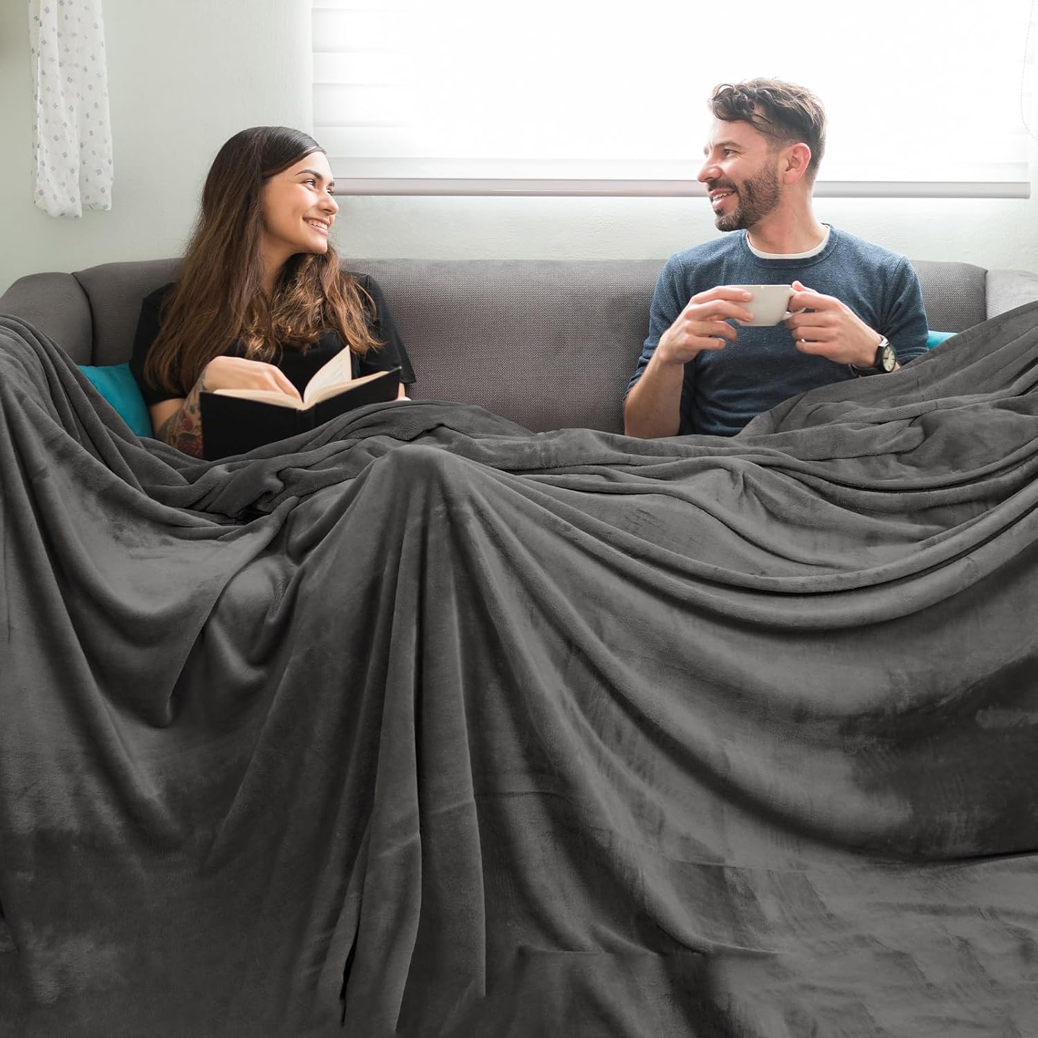 PHF Oversized King Fleece Blanket 120"x120", No Shed No Pilling Big Soft Blanket, Extra Large 10'x 10' Lightweight for Bed, Sofa Travel and Camping, Suitable for All Season, Dark Grey