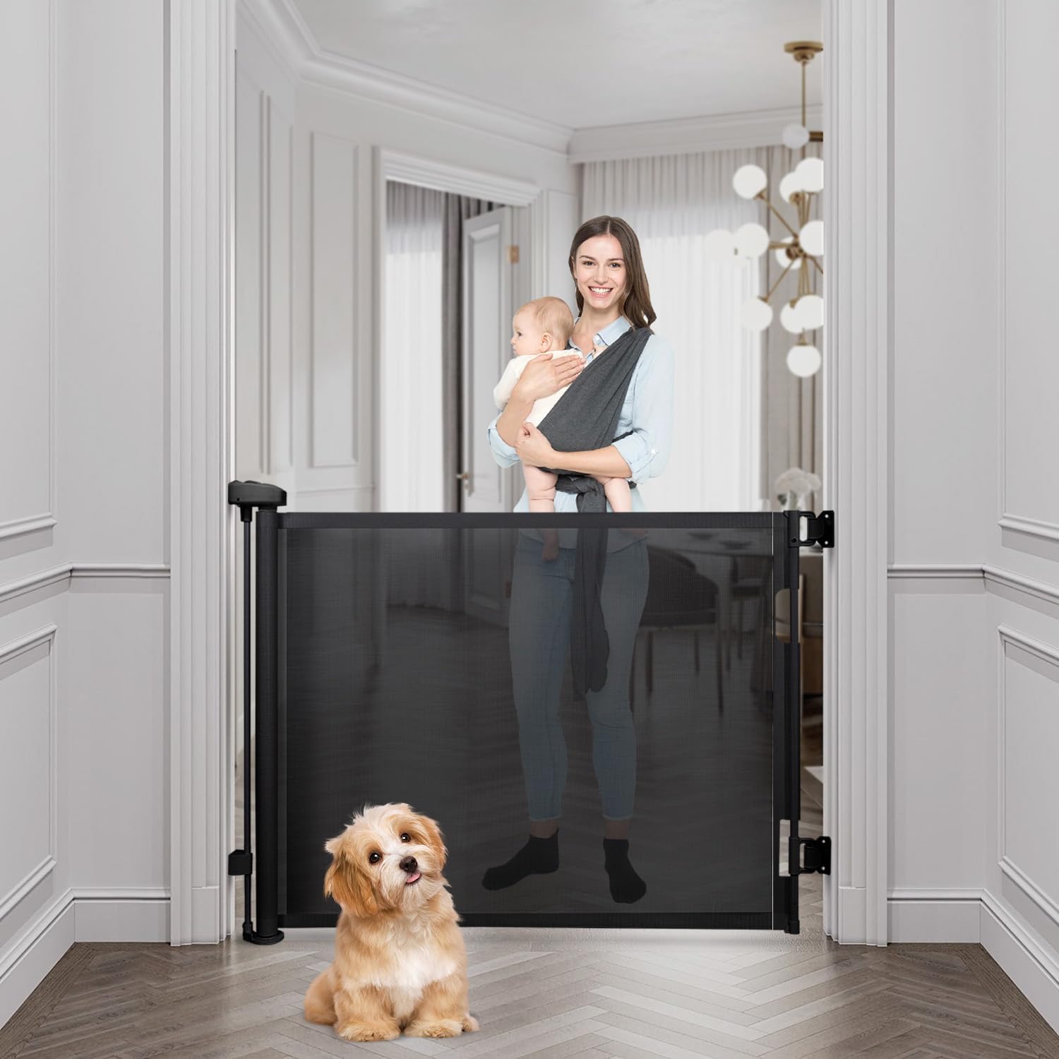 Retractable Baby Gate,Mesh Baby Gate or Mesh Dog Gate,33" Tall,Extends up to 55" Wide,Child Safety Gate for Doorways, Stairs, Hallways, Indoor/Outdoor, Black