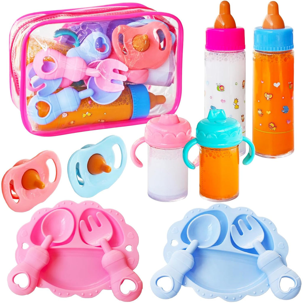 12 Pcs Baby Doll Accessories Magic Bottle set,Pretend Play Feeding Toy Set with Package,Doll Feeding Set for Kids Girls,Magic Disappearing Juice Milk Bottles,Sippy Cups,Pacifiers,Bowl Spoons