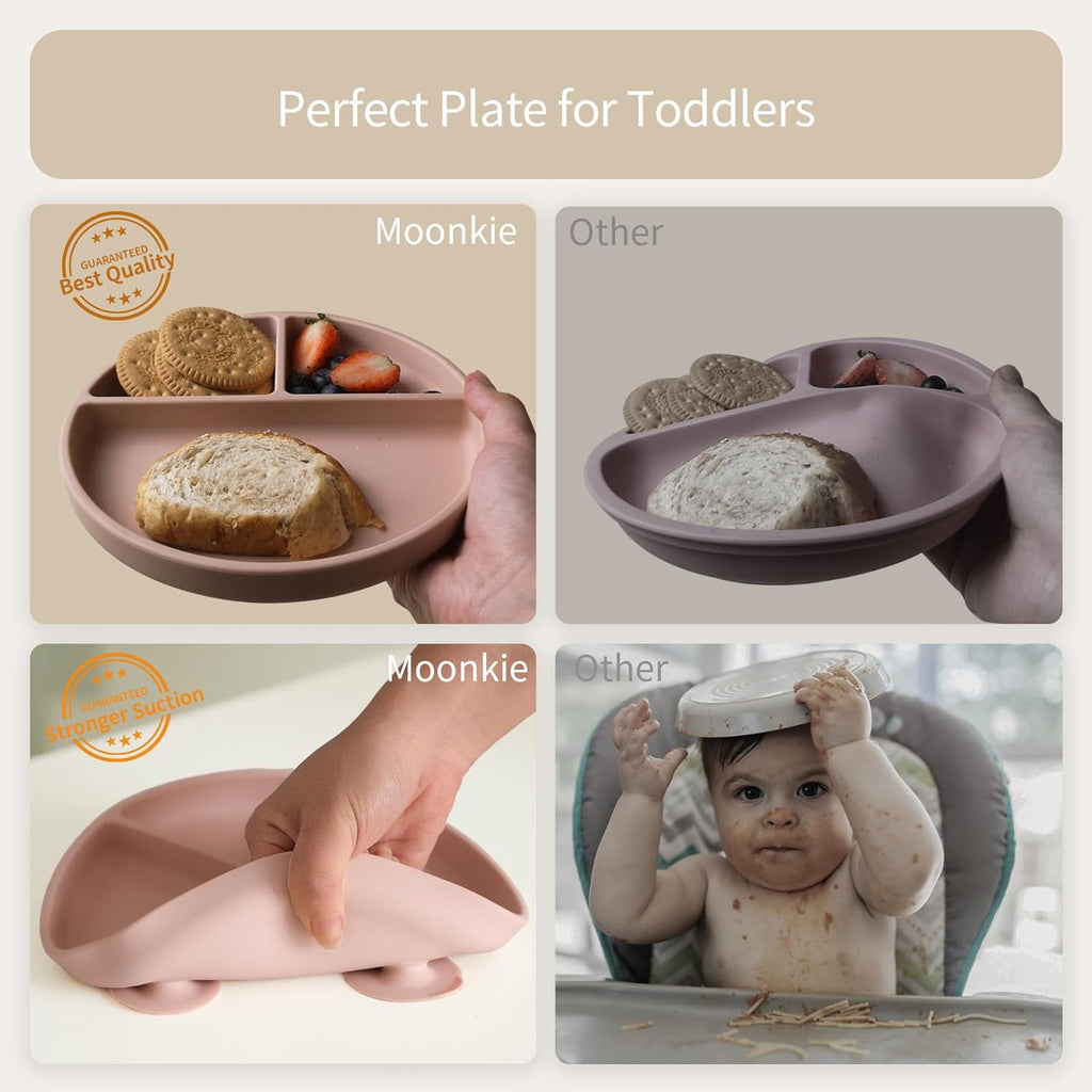 Moonkie Suction Plates for Baby | 100% Silicone BPA-Free Baby Plates| Divided Design | Microwave and Dishwasher Safe | Toddler Plates 3 Pack