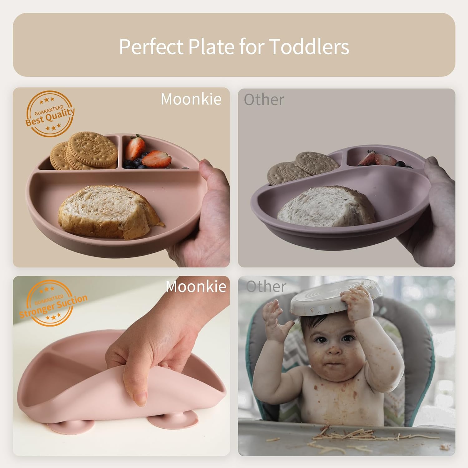 Moonkie Suction Plates for Baby | 100% Silicone BPA-Free Baby Plates| Divided Design | Microwave and Dishwasher Safe | Toddler Plates 3 Pack