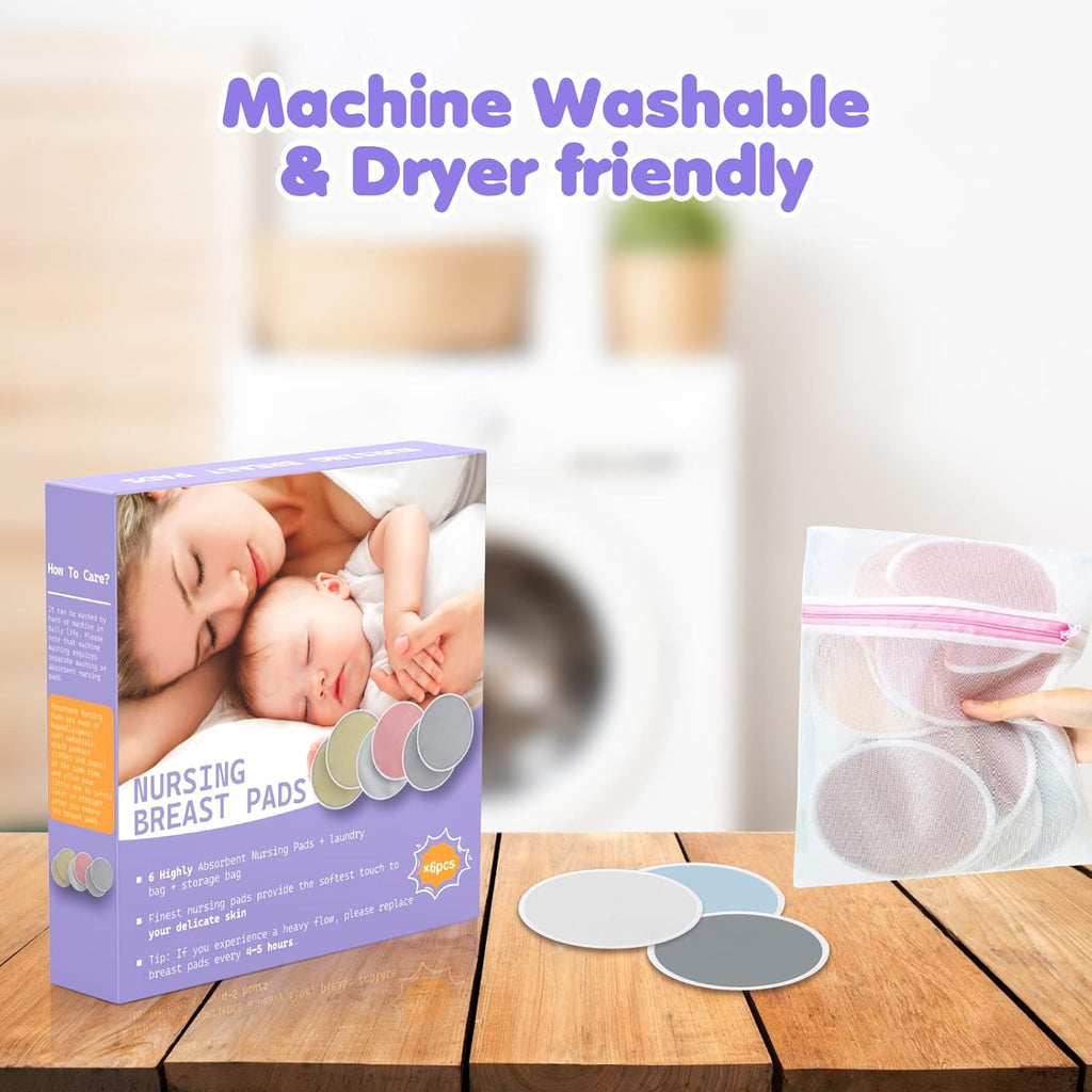 6 PCS Reusable Nursing Pads – Washable Breast Pads for Breastfeeding, Soft & Super Absorbent with Laundry Bag and Travel Bag, Nipple Pads for Postpartum Essentials