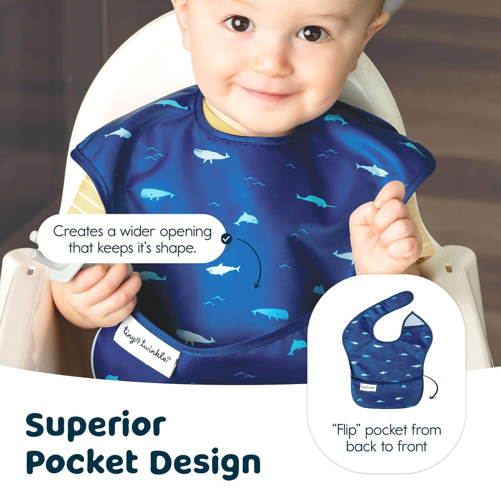 Tiny Twinkle Mess Proof Baby Bibs for Eating - Waterproof, Wipeable Bibs - Toddler Bibs - Travel Friendly - PFAS, PVC, BPA, Phthalate Free - Baby Food Bibs(3 Pack,Sea, Dino)