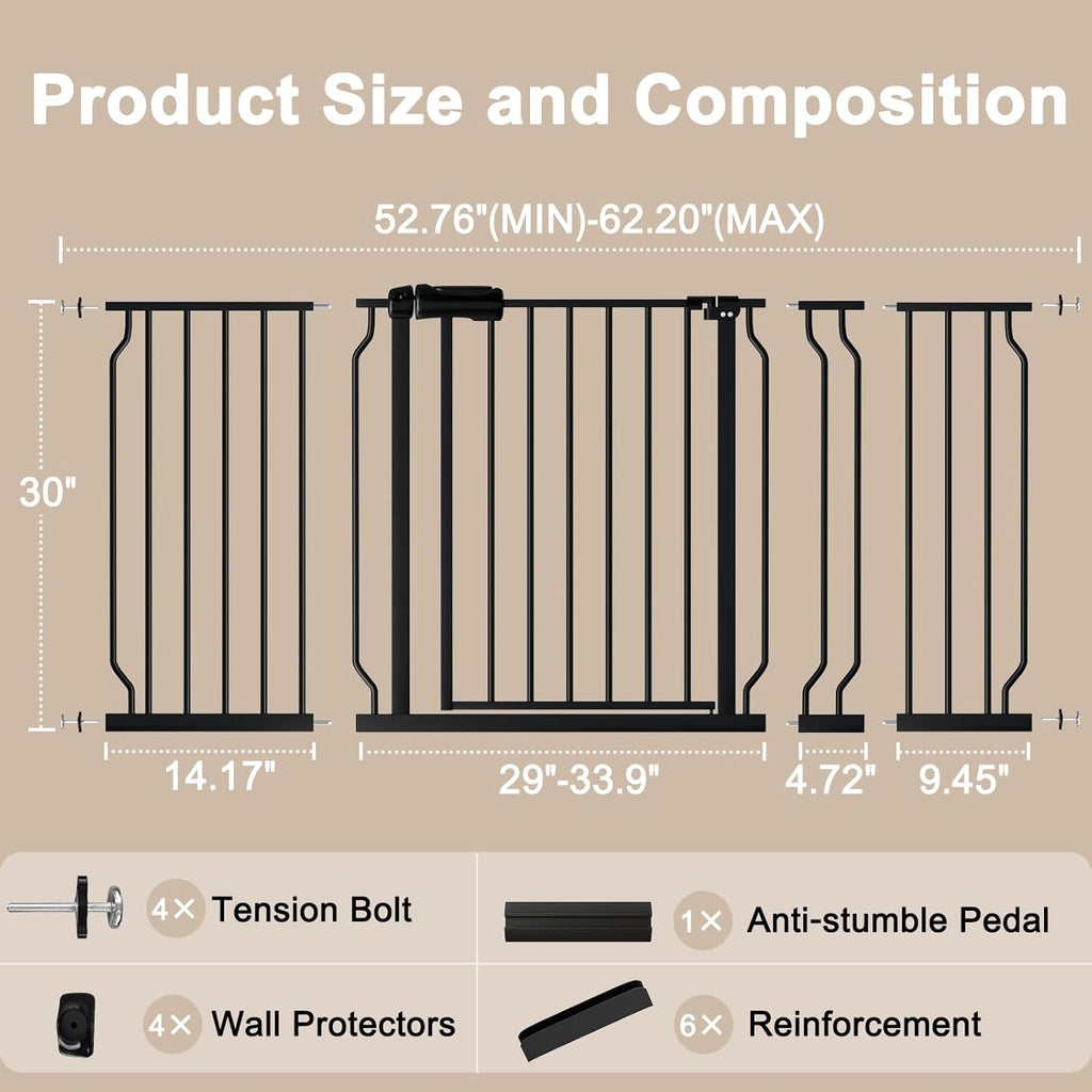 WAOWAO Baby Gate 52.76-62.2" Extra Wide Pressure Mounted Walk Through Swing Auto Close Safety Black Metal Toddler Kids Child Dog Pet Puppy for Stairs,Doorways,Kitchen