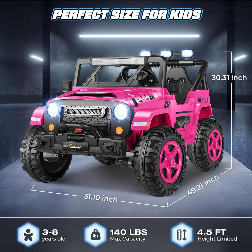 Hikole 24V 2 Seater Ride on Cars for Kids - Remote Control, 20" Spacious Seat, 4WD/2WD Switchable Electric Car with LED Lights, Bluetooth, 3 Speeds, Ride on Toys for Kids 3-8, Hot Pink