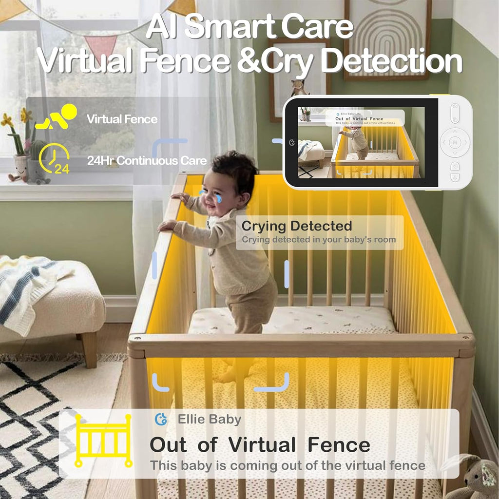 Ellie Baby Monitor No WiFi, Baby Monitor with Camera and Audio, 5" IPS 1080P with Wall Mount, 6000mAh Battery, 1000ft Range, Smart Monitoring 24hrs Playback, AI Cry Detection & Sleep Tracking