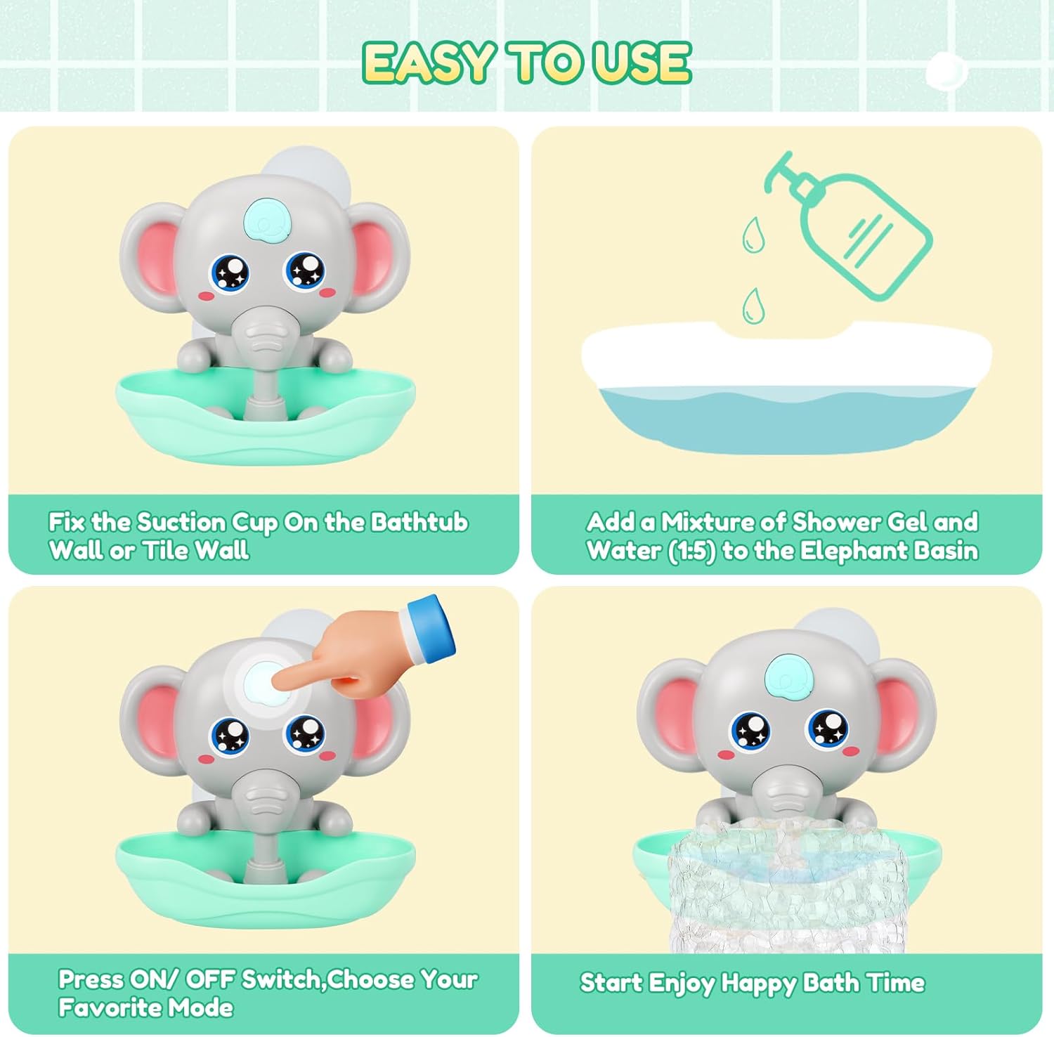 Baby Bath Toys, Magnetic Charging Music Bath Bubble Machine, Elephant Bubble Maker for Kids Ages 1-3 4-8, Toddler Bathtub Toy Gift for Boys and Girls (Grey)