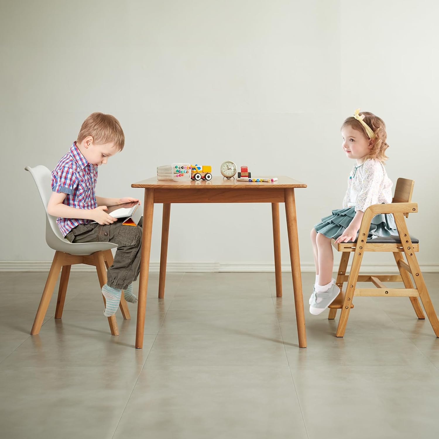 Solid Wood high Chairs for Toddlers,High Chair Grows with Kid for Dining, Study Chair for Children, Light Brown