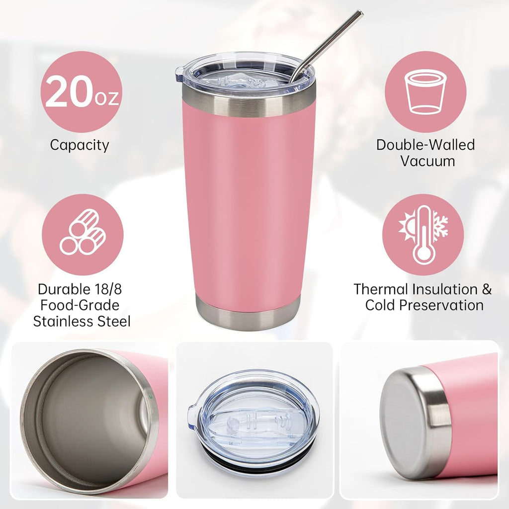IEOVIEE 32 Pack 20oz Stainless Steel Bulk Tumblers with Lids and Straws Double Wall Insulated Travel Mug Durable Powder Coated Tumbler Bulk Cup for Cold and Hot Drinks(Pink)