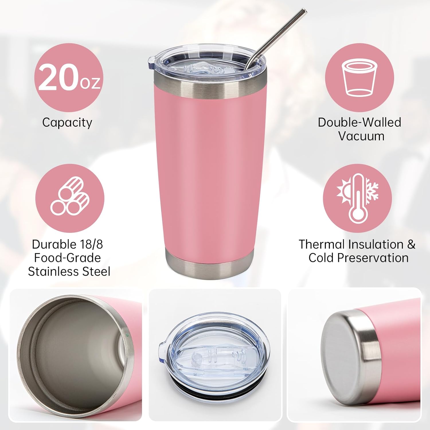IEOVIEE 32 Pack 20oz Stainless Steel Bulk Tumblers with Lids and Straws Double Wall Insulated Travel Mug Durable Powder Coated Tumbler Bulk Cup for Cold and Hot Drinks(Pink)
