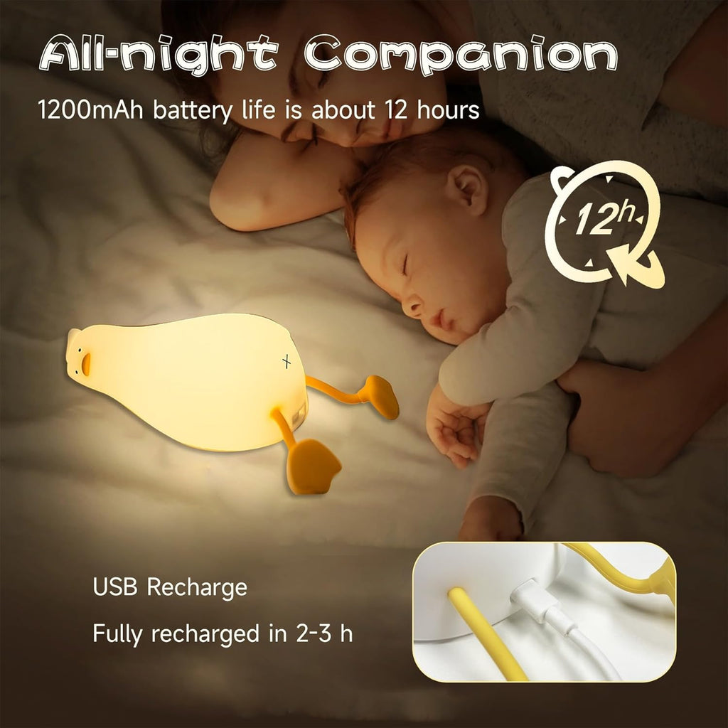 Rechargeable LED Lying Flat Duck Night Light for Kids, 3 Level Dimmable Silicone Nightlight Squishy Touch Lamp for Nursery, Breastfeeding, Toddler & Baby Decor, Cute Bedside Nightlights Gift