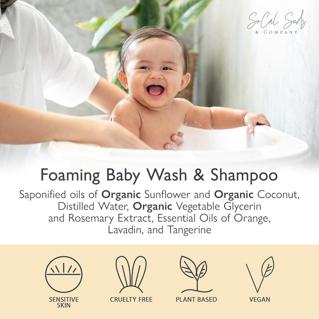 SoCal Suds & Company - 2-in-1 Organic Foaming Baby Shampoo & Body Wash Refill- Natural Botanical Castile Soap Baby Wash Sensitive Skin, Newborn Nourishing Soothing Ingredients - Soft Citrus, 32oz
