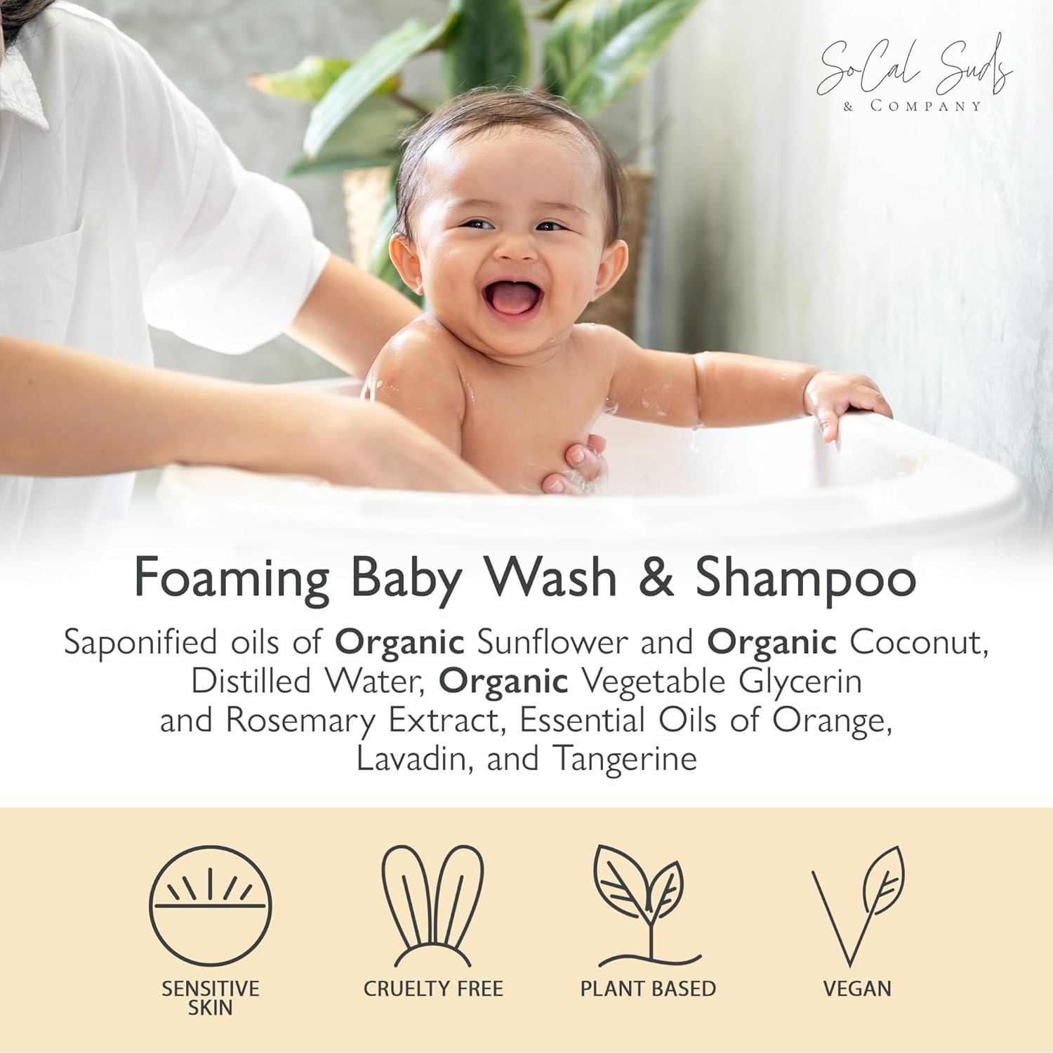 SoCal Suds & Company - 2-in-1 Organic Foaming Baby Shampoo & Body Wash Refill- Natural Botanical Castile Soap Baby Wash Sensitive Skin, Newborn Nourishing Soothing Ingredients - Soft Citrus, 32oz