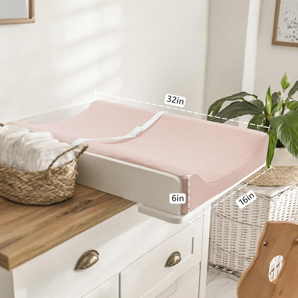 Bearmoss Changing Pad Cover, 2 Pack Muslin [100% Cotton] Diaper Changing Table Covers, 32'' x 16'' Soft Breathable Changing Pad Sheets for Unisex Baby Girls and Boys with Strap Holes (Candy Floss)