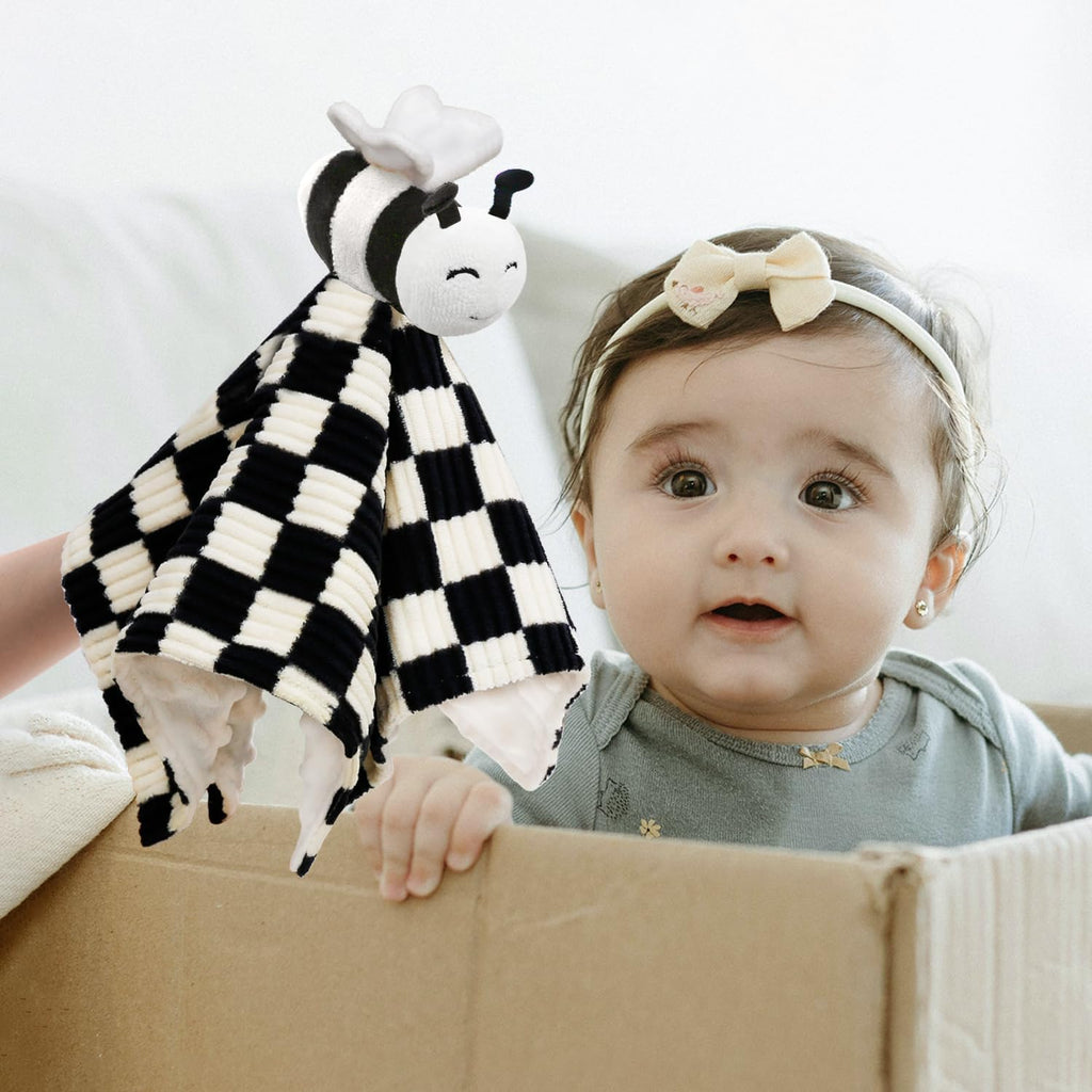 High Contrast Baby Security Blanket for Boys Girls 3D Soft Checkerboard Gingham with Minky Dot Fabric Backing Bee Snuggle Stuffed Animal Lovely Black 14 Inch