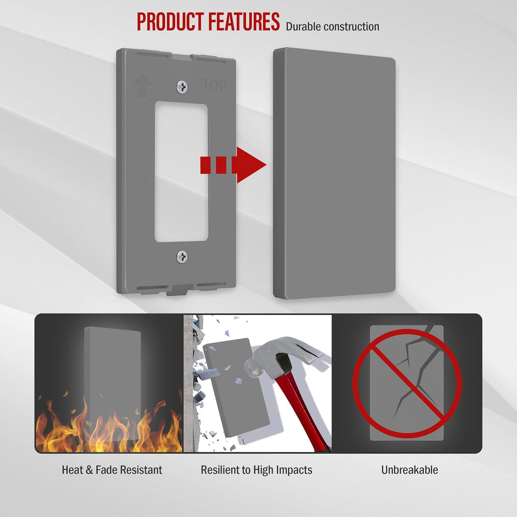 ENERLITES Screwless Blank Wall Plate, Child Safe Blank Device Outlet Cover, Standard Size, 1-Gang 4.68" x 2.93", Polycarbonate Thermoplastic, UL Listed, SI8801-GY, Glossy, Gray