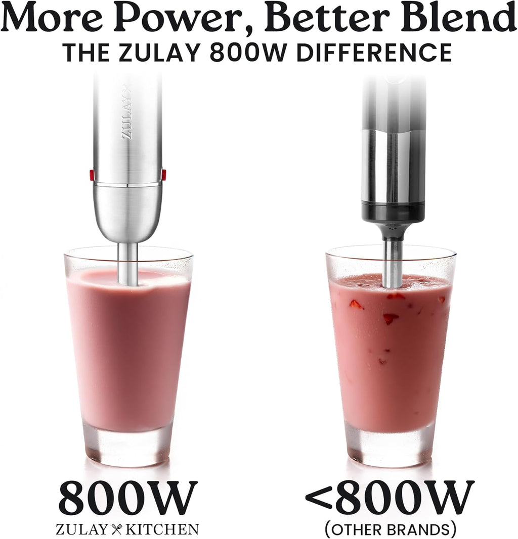 Zulay 4-in-1 Immersion Stick Mixer Hand Blender - 800 Watts, 12 Speeds, 5-ft Power Electric Cord, Handheld Portable, Stainless Steel Blades - With Whisk, Frother & Stick Blender Attachments - Red